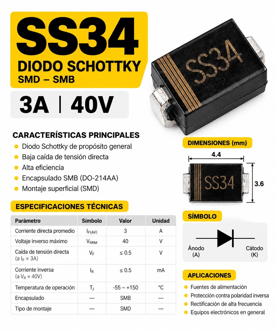 Diodo Schottky SS34 SMB x 4 unidades
