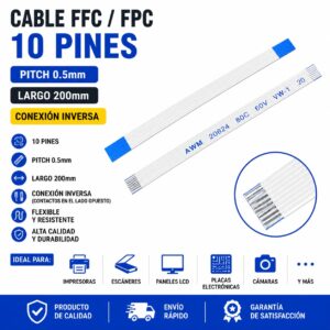 Cable FFC cintilla flex 10 pines 0.5mm pitch 200mm Reverso