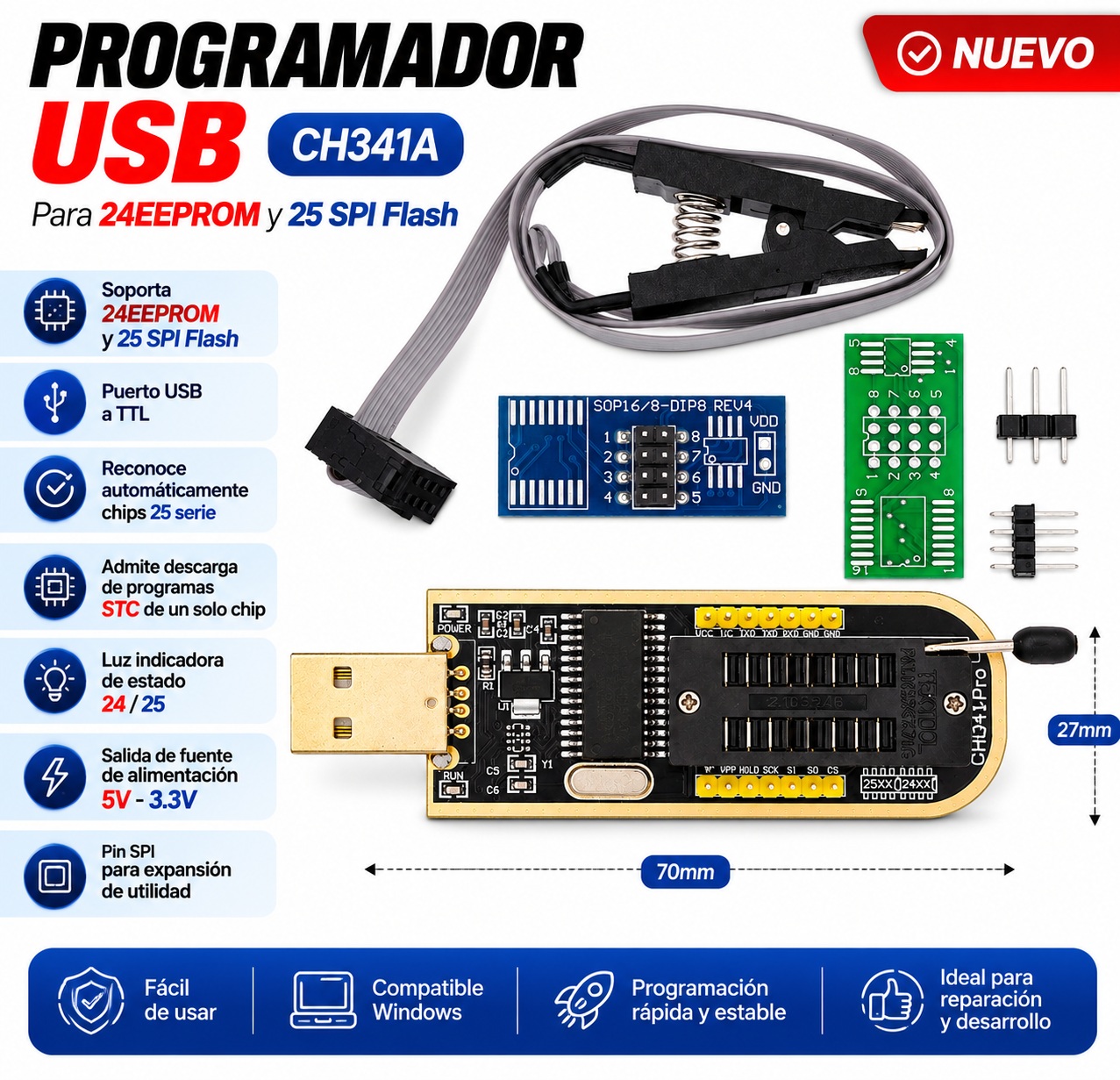 Kit Programador Usb Ch341a Memoria Bios Flash Eeprom + Pinza - Image 2