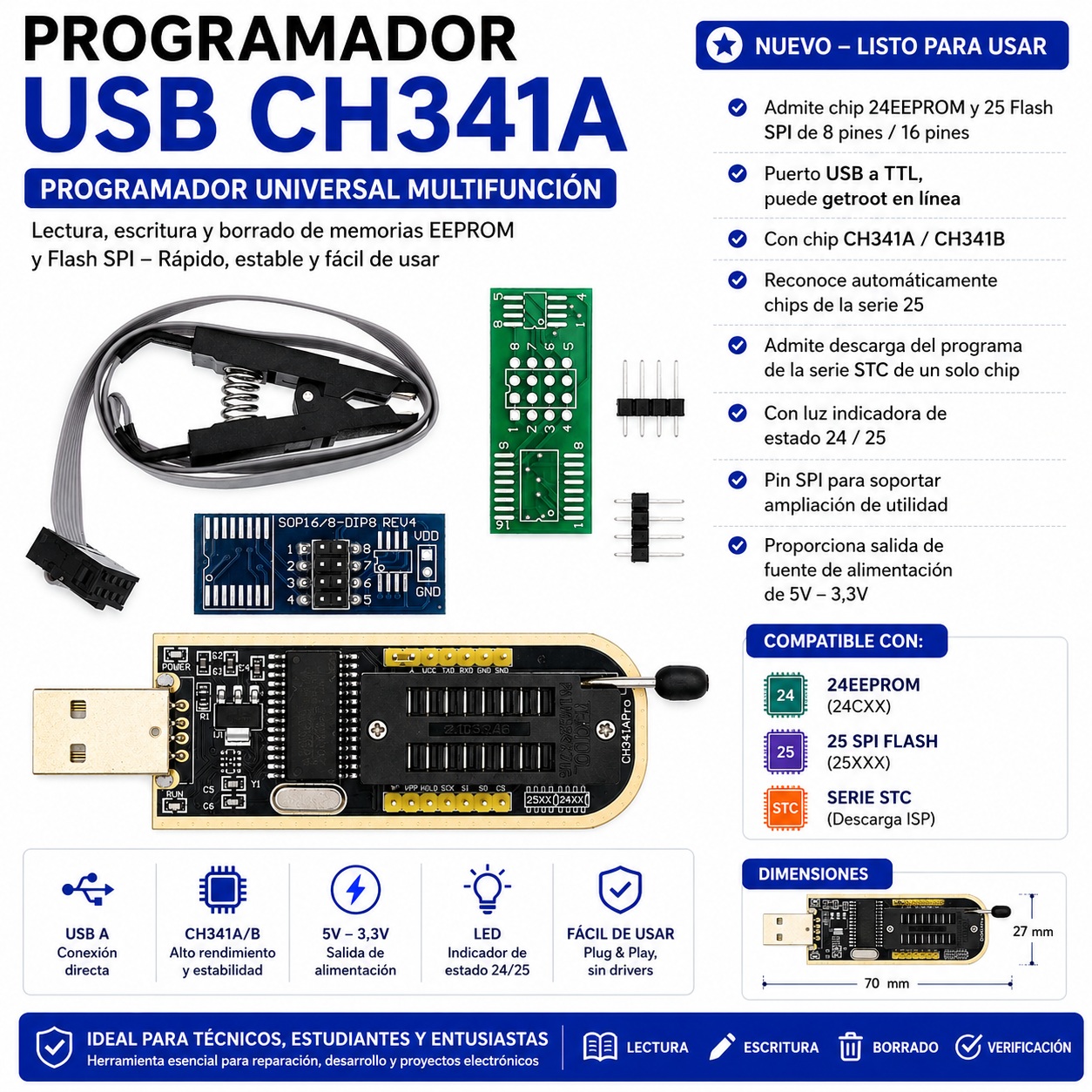 Kit Programador Usb Ch341a Memoria Bios Flash Eeprom + Pinza