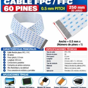 Cable Plano  FFC/FPC de 60 Pines  Paso 0.5 mm  Longitud 250 mm